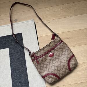 Coach Peyton File Crossbody Bag Signature C Khaki Brown Red Zippered